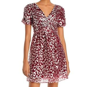 AQUA Maroon Metalic Patterned Short Sleeve V Neck Fit & Flare Dress Size Large